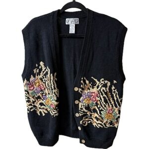 PGalli‎ Designs Vintage Women's Black Floral Embroidered Knit Button Front Vest